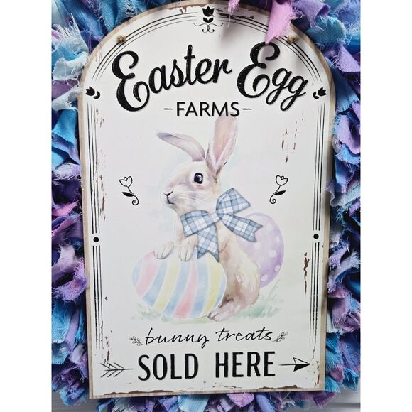 Hand Crafted Easter Bunny Egg Pastel Fabric Rag Wreath, Easter Egg Farms Sign - Picture 13 of 14
